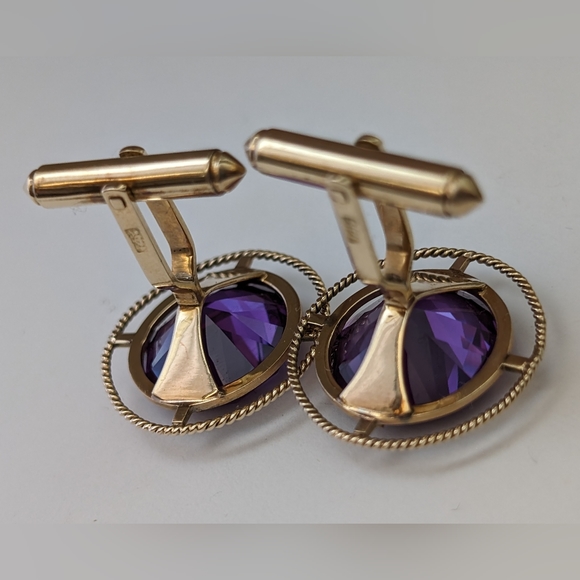 Art Deco 14k Yellow Gold 15mm Round Synthetic Alexandrite Rope Design Cufflinks - Picture 4 of 7